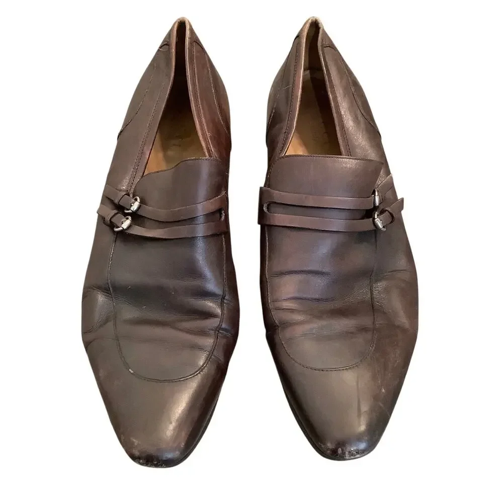 GUCCI Men's 12D Brown Leather Double Strap Slip On Loafers Shoes Italian V5-15